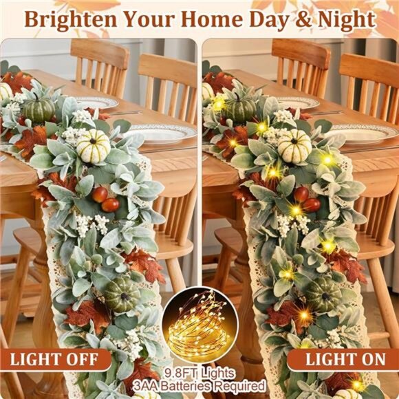 5.9 Ft Fall Garland for Mantle with Pumpkin Lamb Ears Maple Leaves, Autumn - Picture 6 of 8